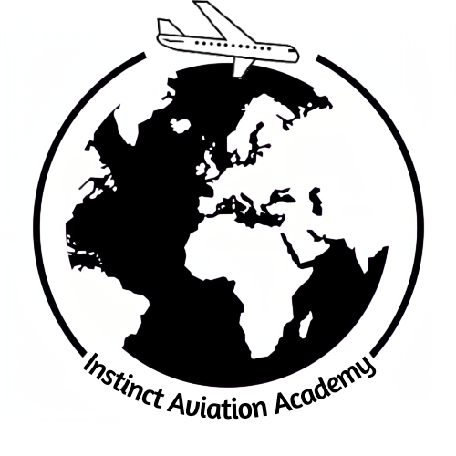 A logo of a globe with circle around it saying instinct aviation academy
